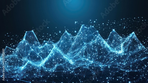 Abstract digital landscape of glowing blue mountains.
