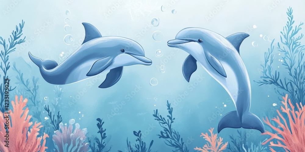 Obraz premium Two Dolphins Swimming Underwater Amongst Coral