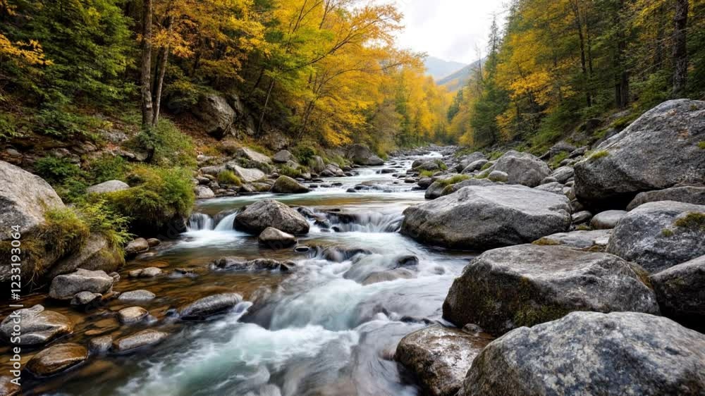 Serene Autumn River Flowing Through Rocky Landscape Serene Autumn River Flowing Through Rocky Landscape
