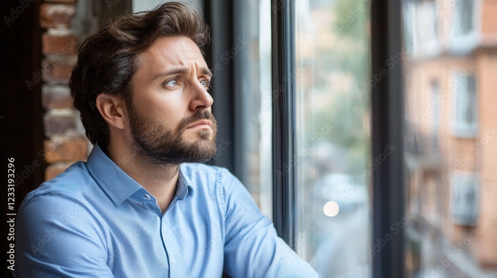 Obraz premium A pensive man gazes out a window, reflecting thoughtfully. Natural light highlights his features against a backdrop of city life.