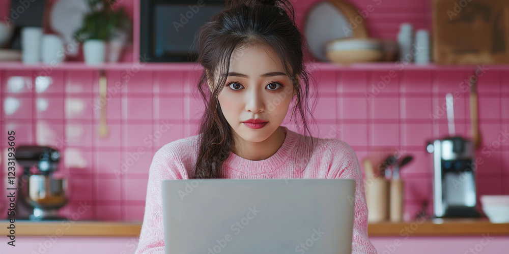 Young woman engaged in online work modern home office digital lifestyle cozy environment indoor setting focused productivity Young woman engaged in online work modern home office digital lifestyle cozy environment indoor setting focused productivity