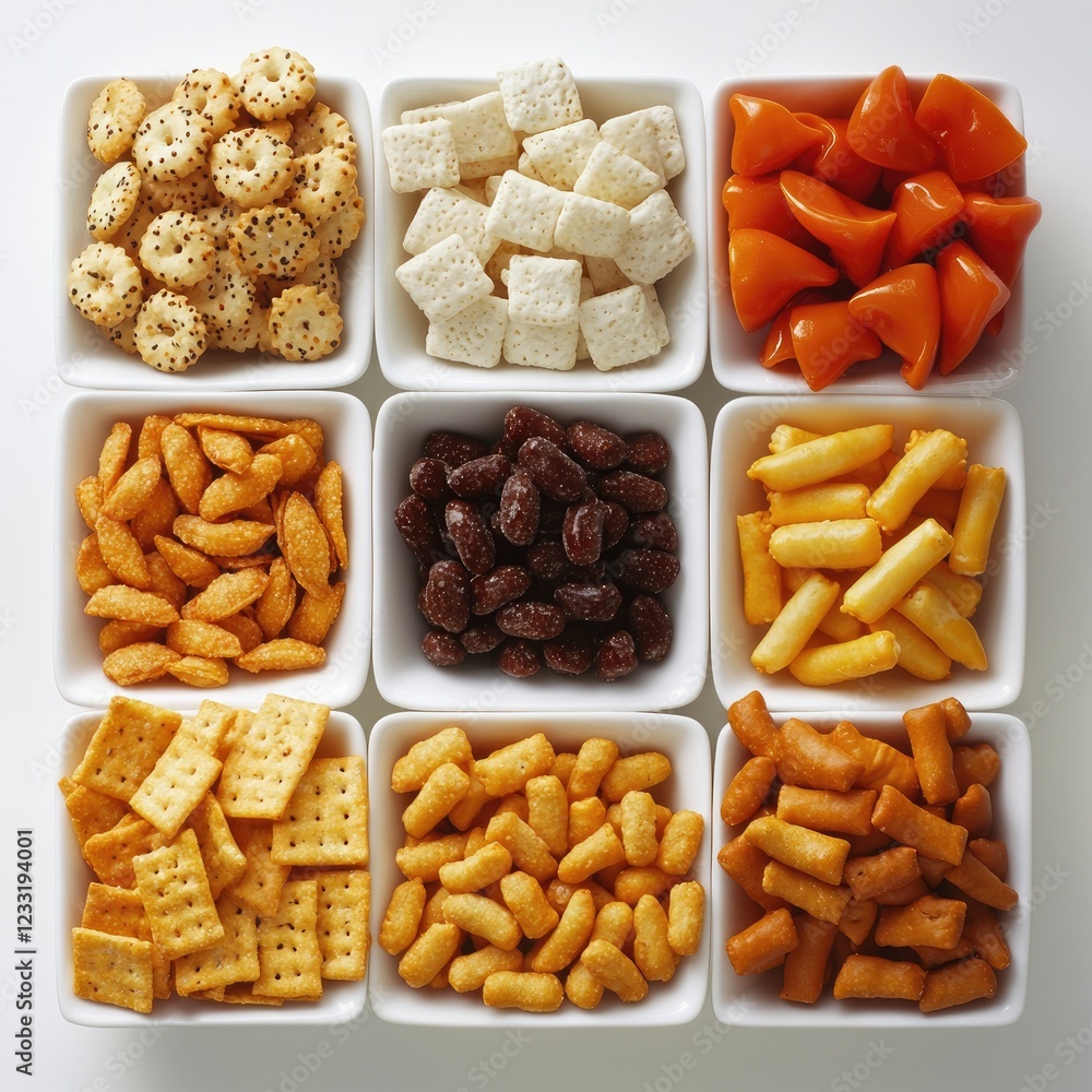 Assorted snacks in bowls, overhead view, food photography, website or cookbook use Assorted snacks in bowls, overhead view, food photography, website or cookbook use