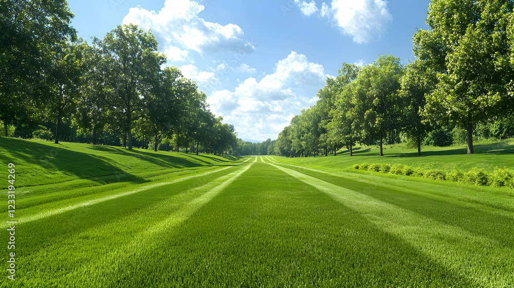 Fototapeta premium Sunny day, manicured lawn, tree lined path, nature background, landscape design