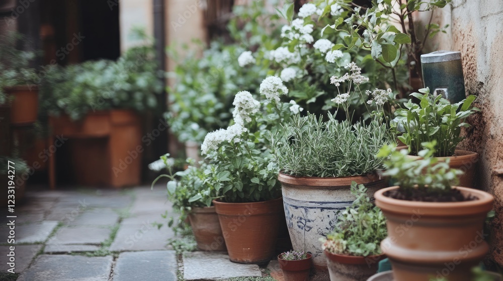 Naklejka premium A cozy patio area featuring a mix of potted plants and a small herb garden.