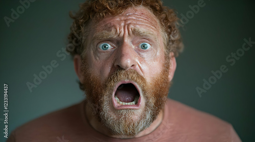 Shocked redhead man, close-up portrait, fear, studio photo