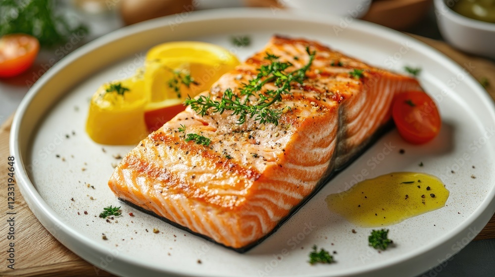 Grilled salmon fillet with lemon wedges and tomato, perfect for a healthy meal Grilled salmon fillet with lemon wedges and tomato, perfect for a healthy meal