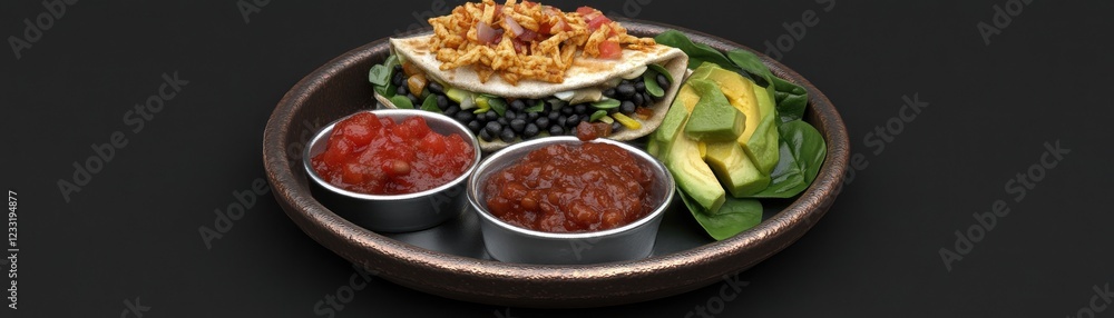 Delicious black bean quesadilla with avocado & salsa. Food photography for menus Delicious black bean quesadilla with avocado & salsa. Food photography for menus