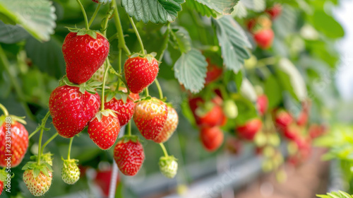 Fresh strawberries hanging from green plants in greenhouse, showcasing vibrant red and green colors, symbolizing growth and harvest