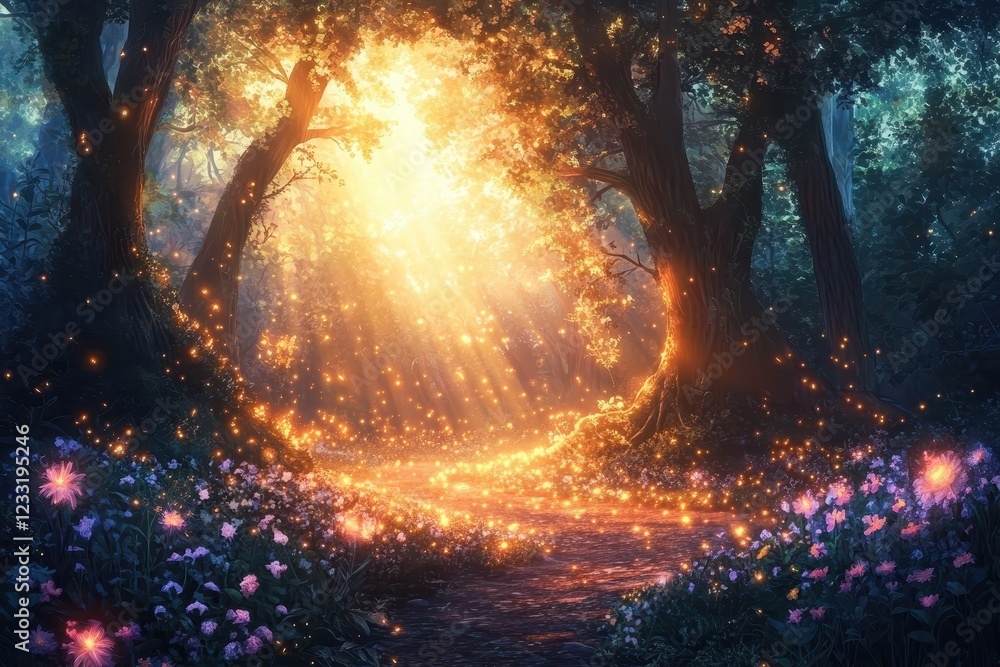 Enchanted Forest Path Glowing With Fireflies And Flowers Enchanted Forest Path Glowing With Fireflies And Flowers