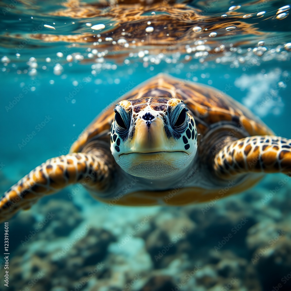 Obraz premium Majestic Sea Turtle Underwater Encounter: A Close-Up View of a Turtle in its Ocean Habitat