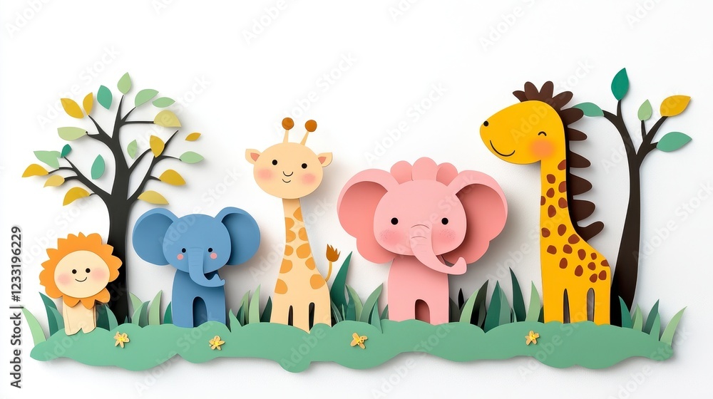 Naklejka premium Colorful Cartoon Animal Decor with Trees and Green Grass for Kids