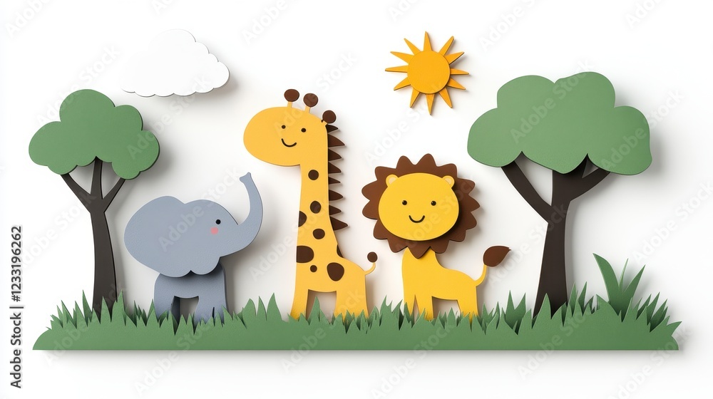Obraz premium Colorful Paper Animals in Nature with Trees and Sun for Kids Decor