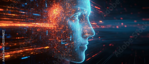 A futuristic digital representation of a human face with glowing lines and data streams.