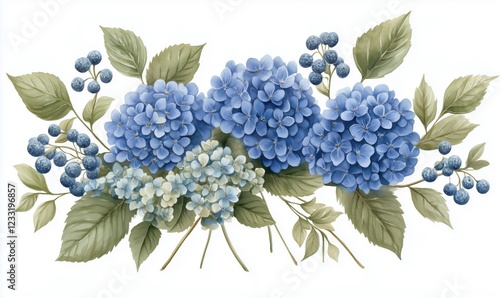 A beautiful arrangement of blue hydrangeas and green leaves on a white background.