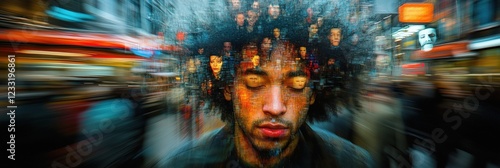 A man with closed eyes surrounded by abstract faces in a blurred urban setting.