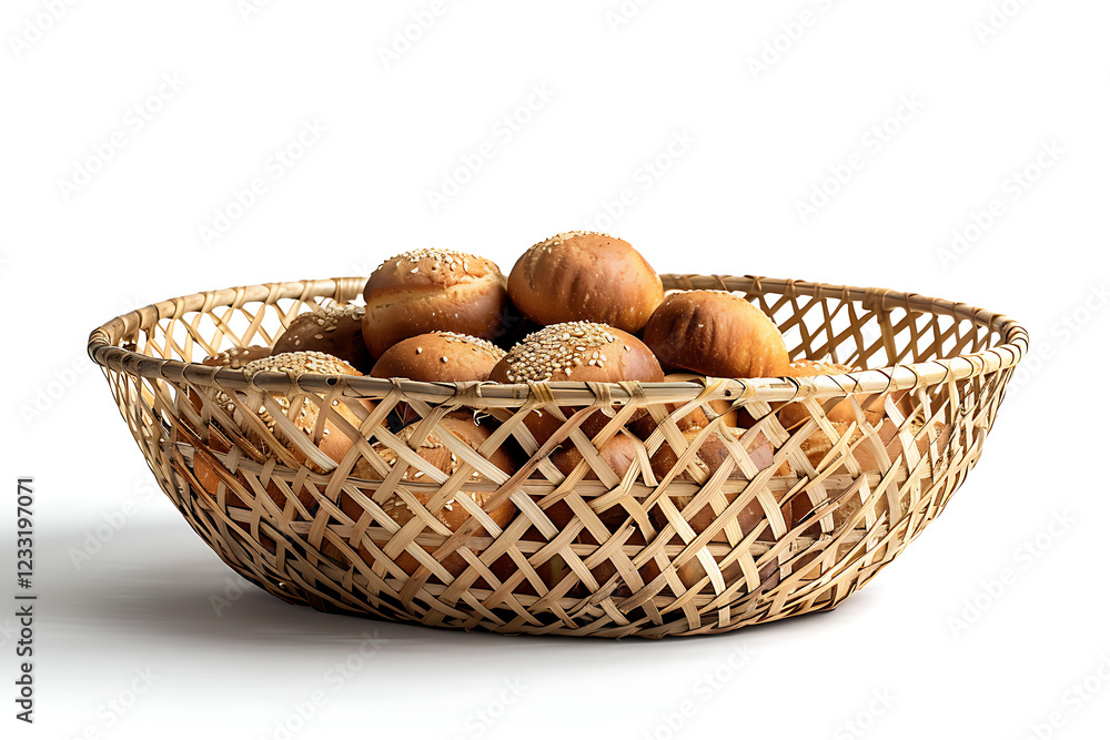 food presentation, wicker basket with bread, on a white backdrop food presentation, wicker basket with bread, on a white backdrop