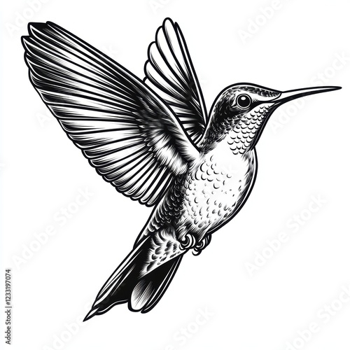 Hummingbird tattoo design, sticker style, on a white background, in black and grey vector art. 