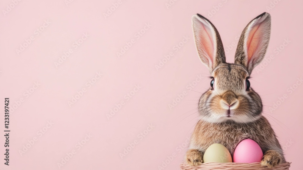 Fototapeta premium Easter bunny holding colorful eggs in a basket against a soft pink background, embodying spring themes and festive cheer