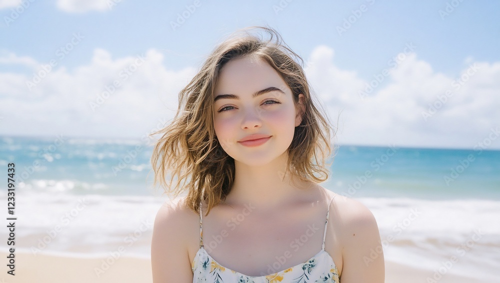 Woman smiles beach ocean summer portrait Woman smiles beach ocean summer portrait