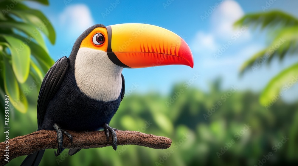 Fototapeta premium Colorful Toucan Sitting on a Branch in Tropical Environment