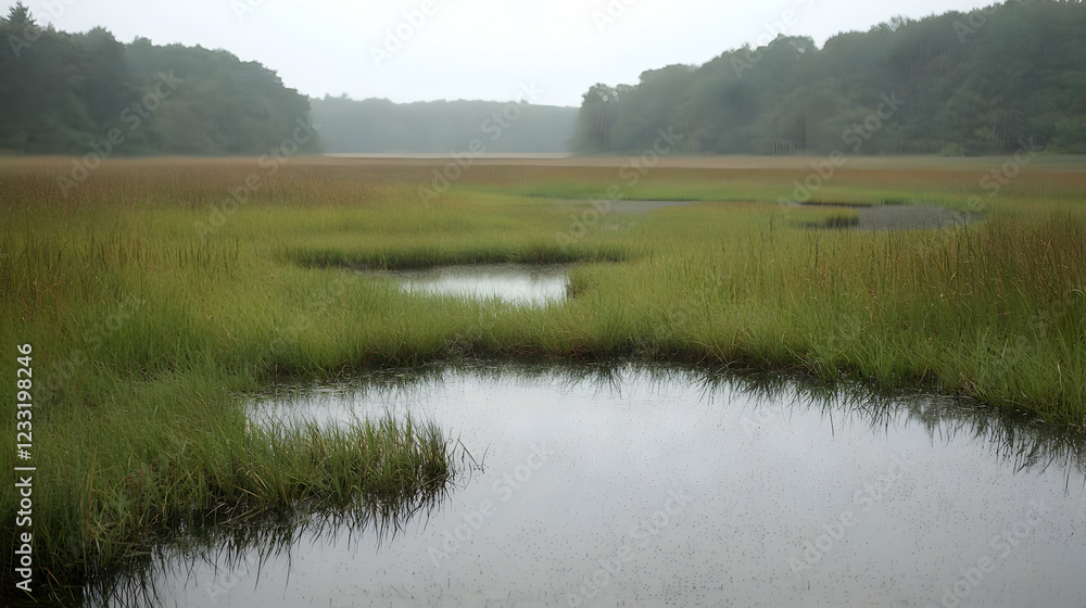 Misty marsh landscape, calm water, green grasses, tranquil scene, nature photography Misty marsh landscape, calm water, green grasses, tranquil scene, nature photography