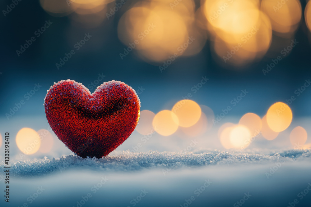 Winter heart decoration nestled in snow with glowing lights in the background during twilight, creating a warm and cozy ambiance Winter heart decoration nestled in snow with glowing lights in the background during twilight, creating a warm and cozy ambiance