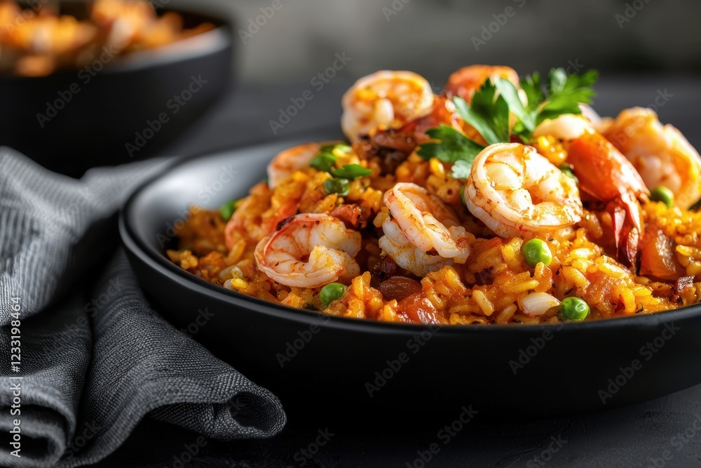 A black bowl filled with authentic Spanish seafood paella, featuring saffron-infused rice, plump shrimp, green peas, and fresh herbs. A luxurious Mediterranean dish A black bowl filled with authentic Spanish seafood paella, featuring saffron-infused rice, plump shrimp, green peas, and fresh herbs. A luxurious Mediterranean dish