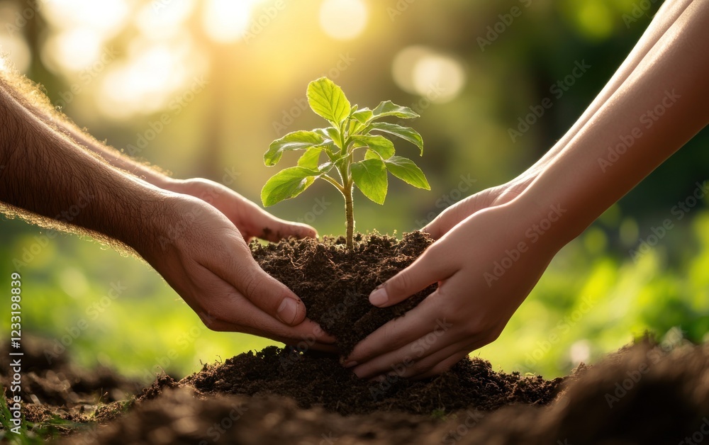 Fototapeta premium Planting a Sapling: Hands Gently Cradle New Life