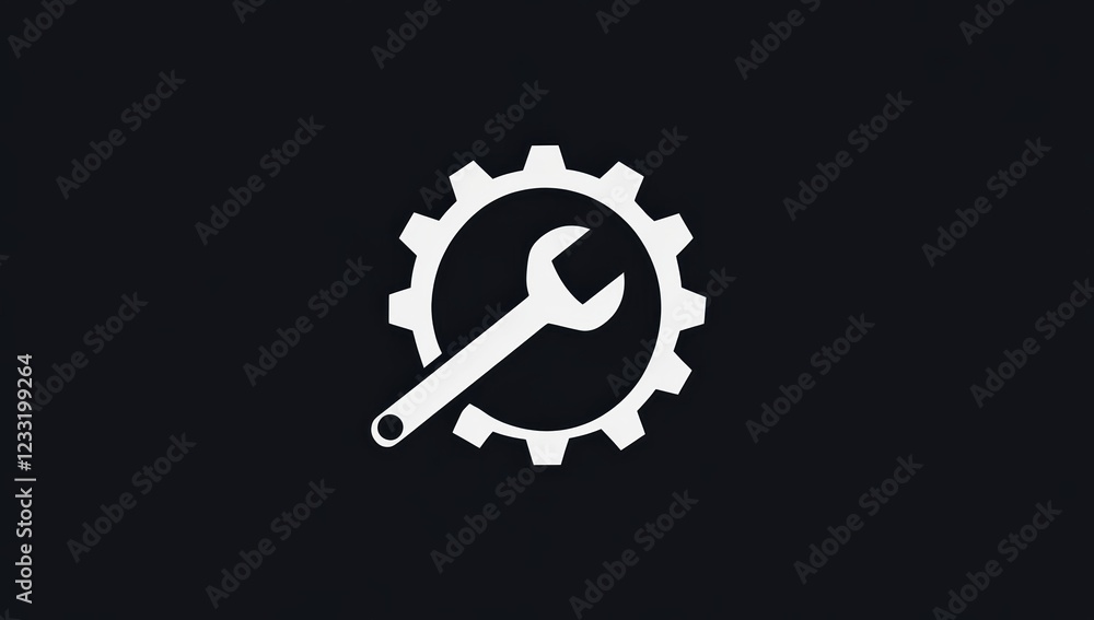 Simple vector logo, black and white gear with wrench tools inside it, flat design, simple shapes, screen print, dark background. Simple vector logo, black and white gear with wrench tools inside it, flat design, simple shapes, screen print, dark background.