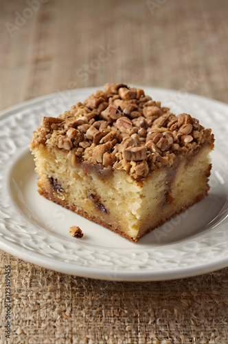 Wallpaper Mural Buttery Caramel Cake Slice: A mouthwatering close-up of a buttery, golden-brown cake slice topped with a generous amount of gooey caramel sauce and crunchy toffee pieces. Torontodigital.ca