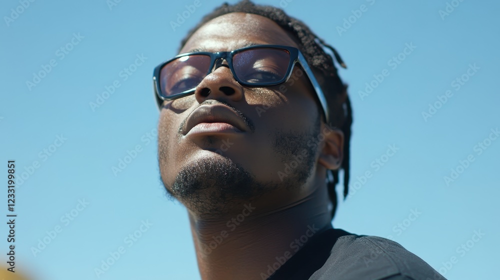 Close-up of a young Black man wearing sunglasses, looking up against a clear blue sky. Ideal for themes of freedom, summer, and urban style. Close-up of a young Black man wearing sunglasses, looking up against a clear blue sky. Ideal for themes of freedom, summer, and urban style.