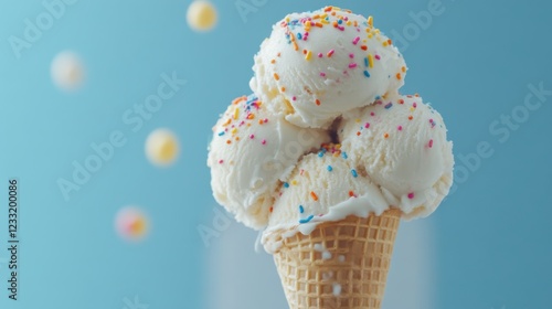 ice cream scoops in a cone, sprinkles on ice cream, space for text on the side photo