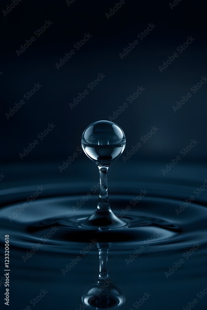 A raindrop hovering in mid-air, poised to splash onto a reflective, dark surface.
A raindrop hovering in mid-air, poised to splash onto a reflective, dark surface.