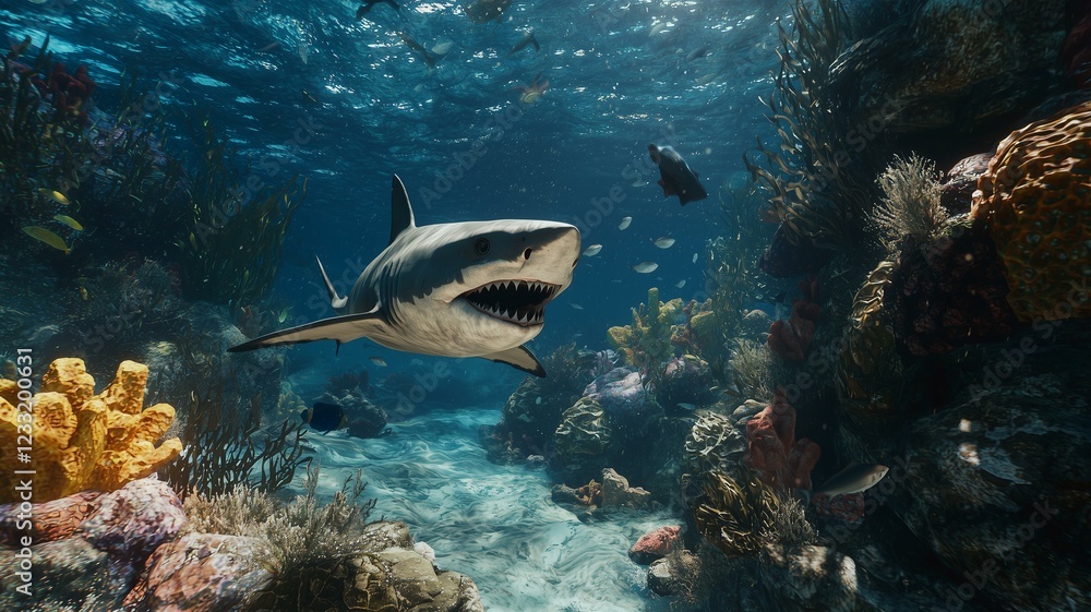 Obraz premium A realistic depiction of a fierce shark swimming through the ocean, photorealistic underwater environment 