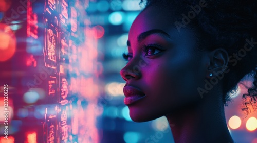 Wallpaper Mural A woman in profile view looking at a screen with colorful lights. Torontodigital.ca