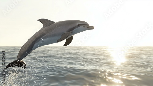 A majestic dolphin leaping gracefully out of the ocean, photorealistic action shot
 photo