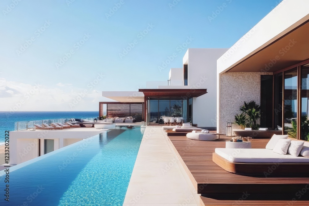 Stunning sea view from a luxurious modern beach hotel. Stunning sea view from a luxurious modern beach hotel.