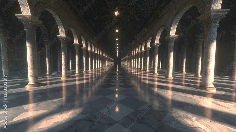 Obraz premium Sunlit marble colonnade hall, perspective depth, architecture design