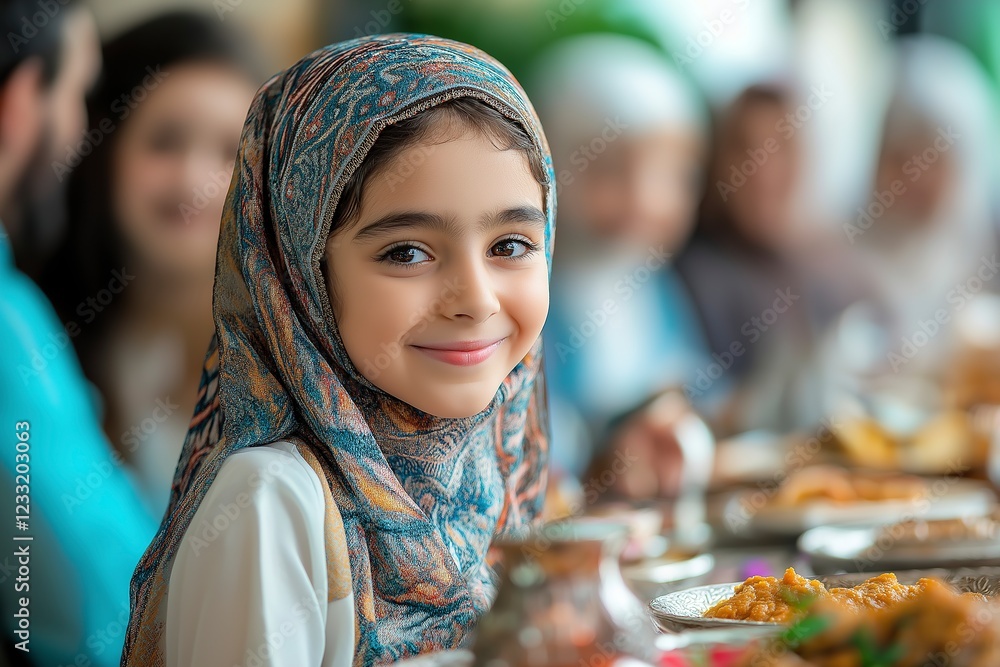 Smiling girl in a colorful headscarf enjoying a festive meal with family during a celebration Smiling girl in a colorful headscarf enjoying a festive meal with family during a celebration
