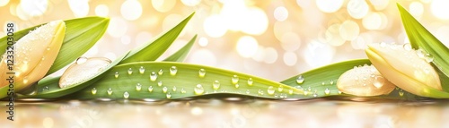 Dewy tulip buds, golden bokeh background, spring freshness, spa banner