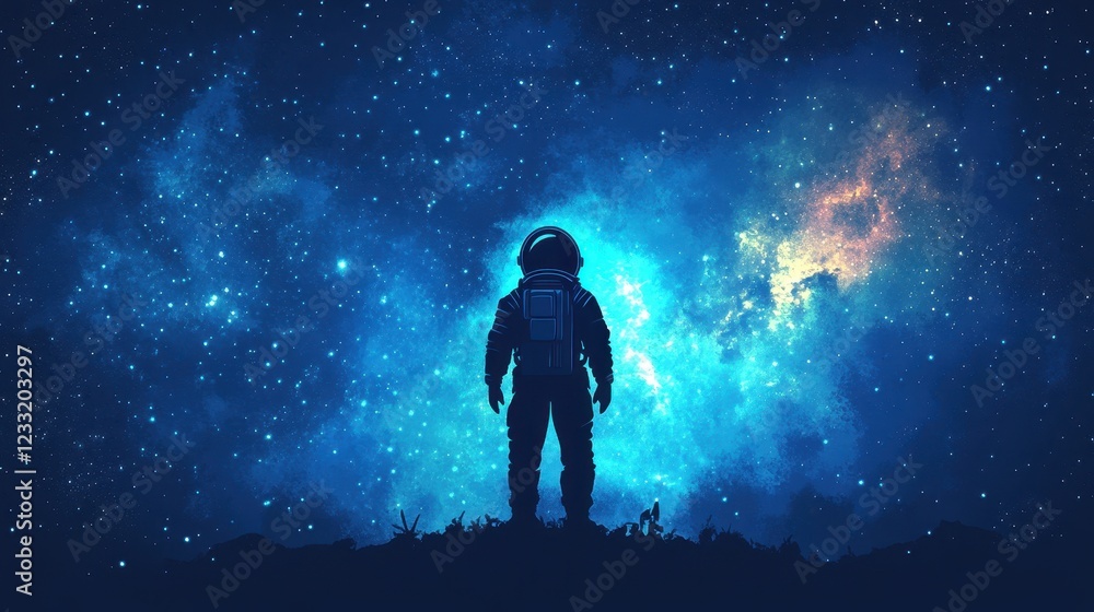 Naklejka premium Lone Astronaut Gazing at a Starry Cosmic Night