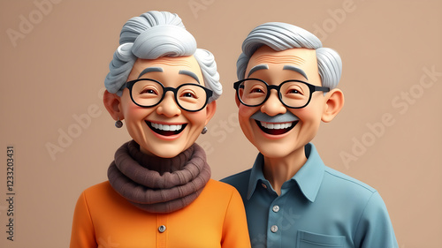 3D illustration of a A joyful elderly couple standing together, both wearing glasses and smiling widely. Generative AI
