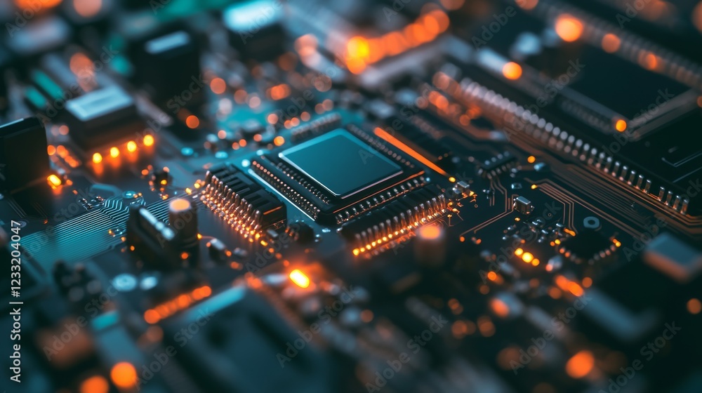 An intricate circuit board with glowing components, displayed on a workbench in a tech lab, Technical style An intricate circuit board with glowing components, displayed on a workbench in a tech lab, Technical style