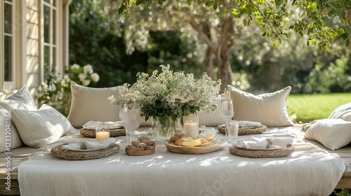 Fototapeta Naklejka Na Ścianę i Meble -  Outdoor dining setup with elegant tableware and fresh flowers in a serene garden during daylight
