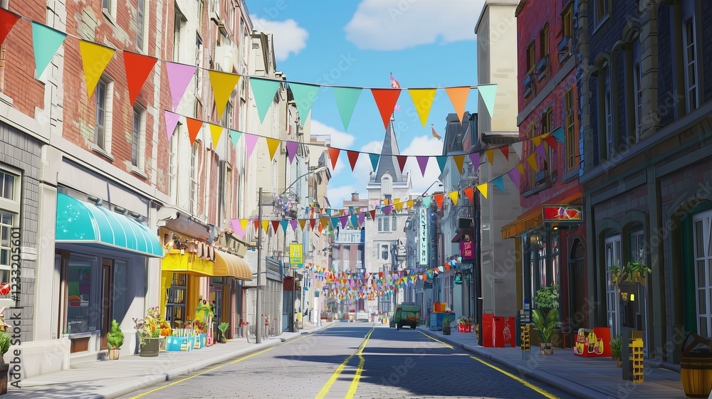 Naklejka premium A city street with colorful flags hanging from buildings for a festive event, photorealistic