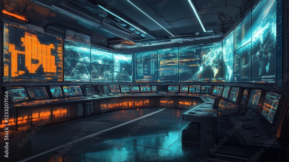 A hyper-realistic digital painting of an ultra-modern control room, where AI-powered trade algorithms oversee global commerce through massive curved holographic screens. A hyper-realistic digital painting of an ultra-modern control room, where AI-powered trade algorithms oversee global commerce through massive curved holographic screens.
