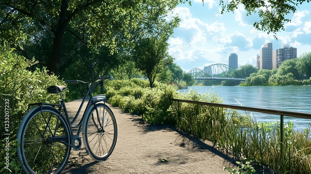 Fototapeta premium A bicycle ride along a quiet city park path, photorealistic urban scene
