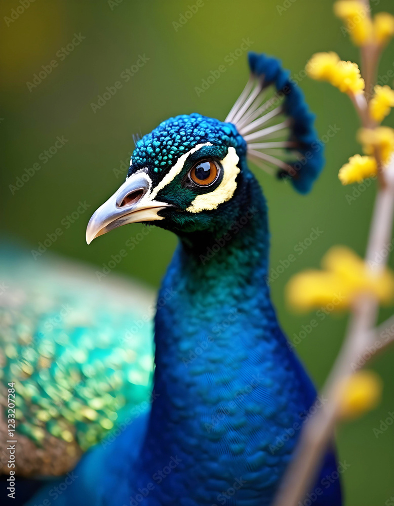 Obraz premium Close-up of a vibrant peacock with dazzling blue and green feathers, a crown-like crest, and a striking eye, set against a blurred natural background.