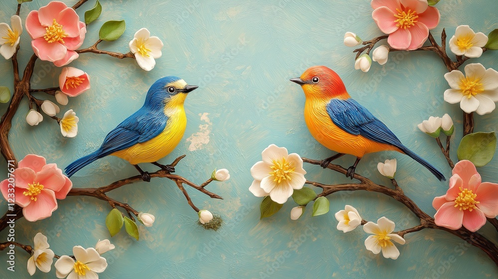 Obraz premium Colorful birds perched on branches adorned with delicate flowers against a serene background
