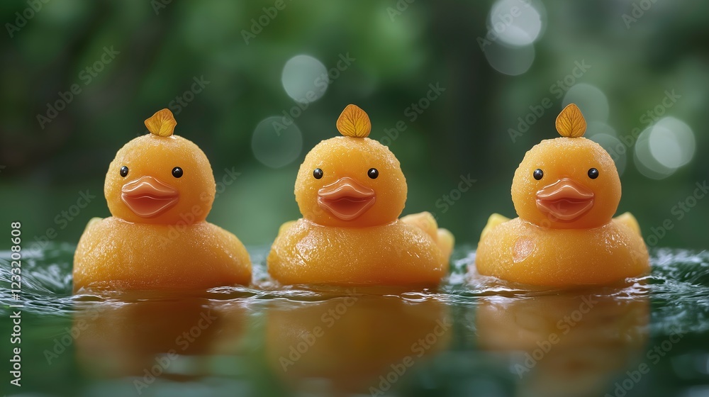 Cute rubber ducks floating in a serene pond surrounded by lush greenery during a sunny afternoon Cute rubber ducks floating in a serene pond surrounded by lush greenery during a sunny afternoon